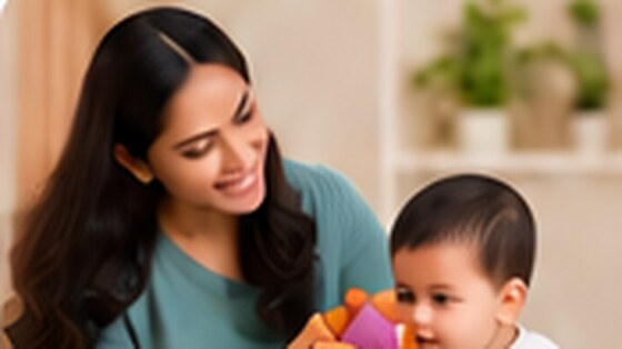 Caretaker playing with a baby at home
