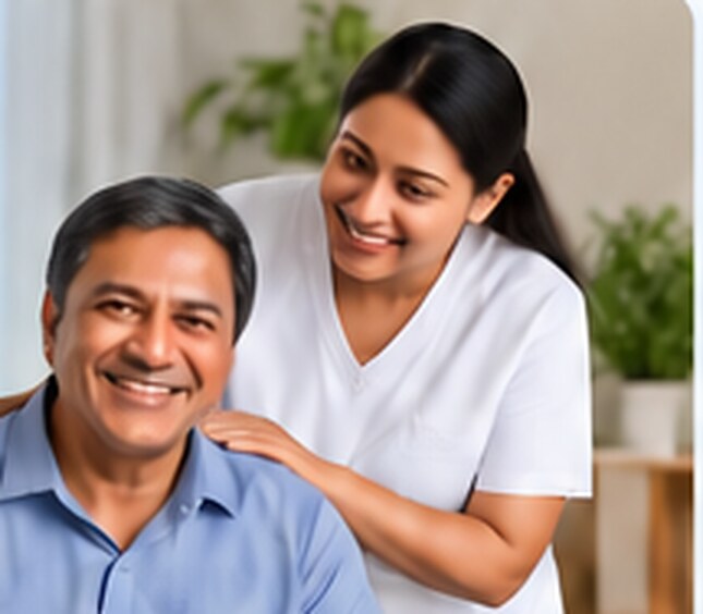 Caregiver supporting a smiling man at home