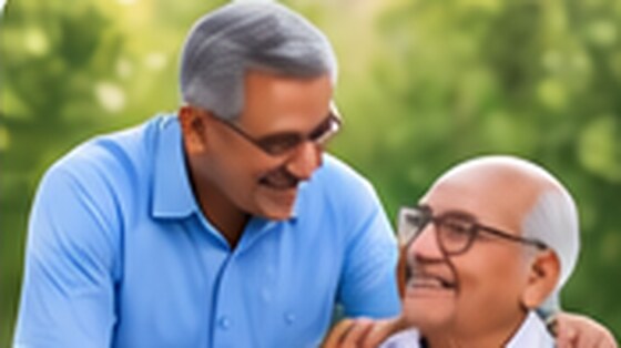 Younger man supporting a smiling elderly man