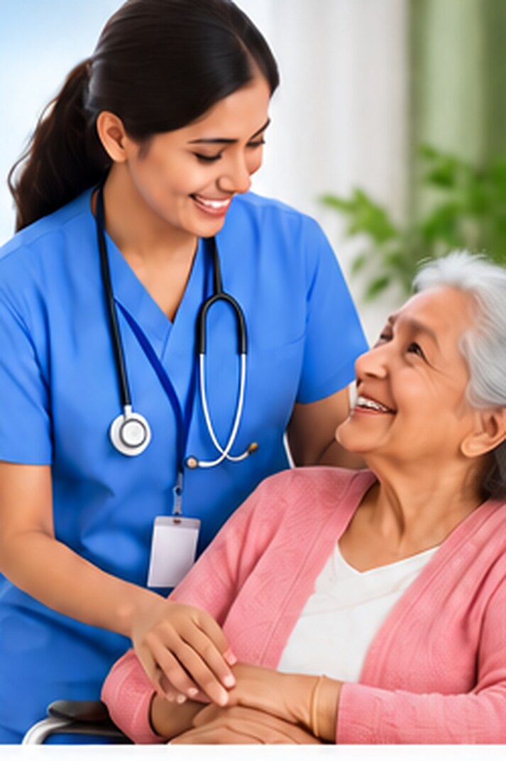 A nurse in blue scrubs smiling with an elderly woman receiving care at home