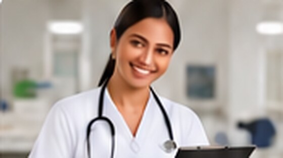 Home nurse with a stethoscope holding patient notes