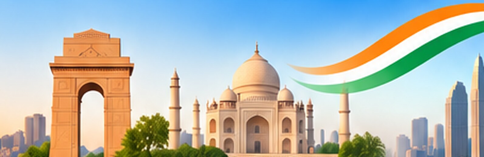 India Gate, the Taj Mahal and a modern city skyline beneath the Indian tricolour