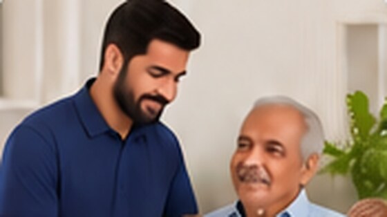 Caretaker supporting an older patient at home